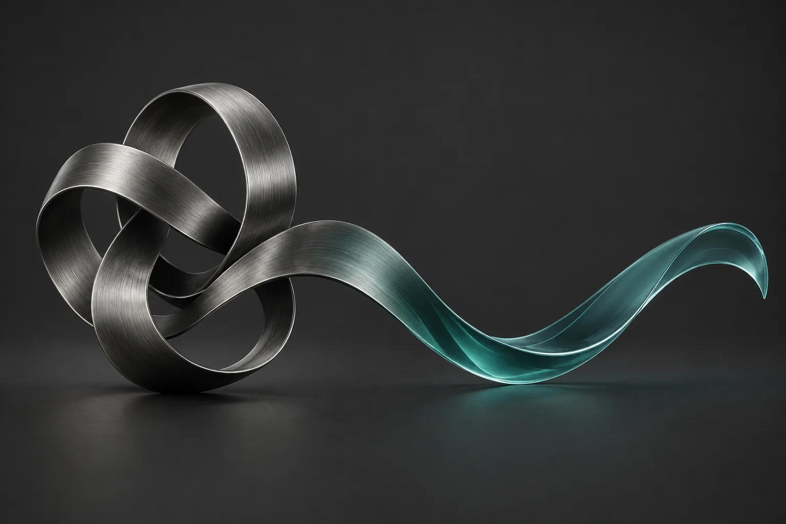 A complex silver ribbon becomes a smooth teal path.